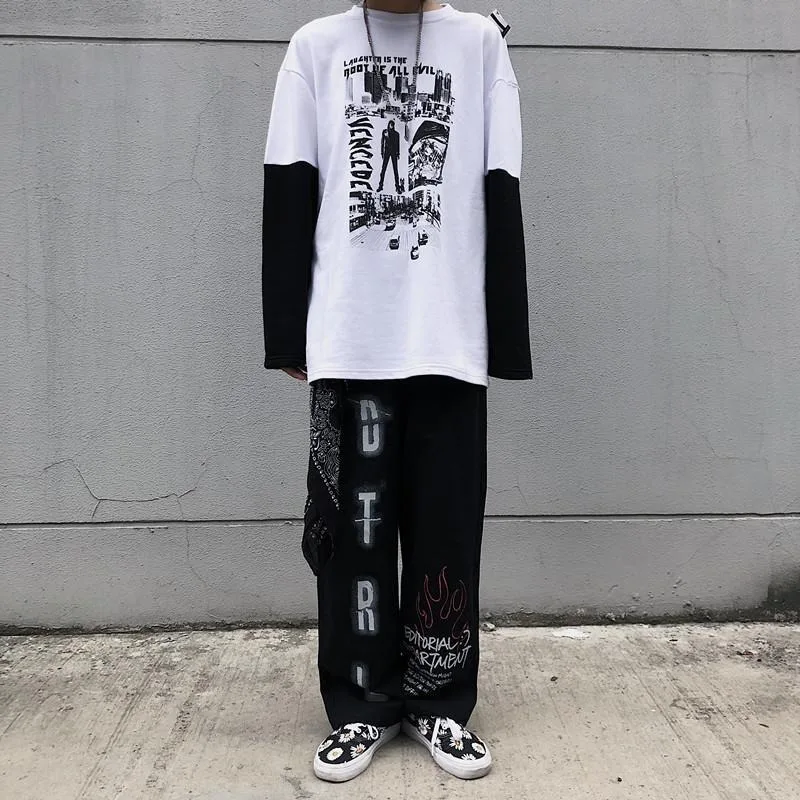 QWEEK Oversized Mall Goth Pants Grunge Aesthetic Punk Wide Leg Pants Women Streetwear Graffiti High Waist Pants Women Trousers 2