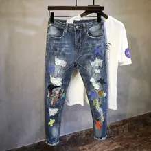 Pantalones vaqueros de estilo coreano para hombre, Jeans rasgados de diseñador, ropa de calle elástica de estilo Hip Hop, a la moda