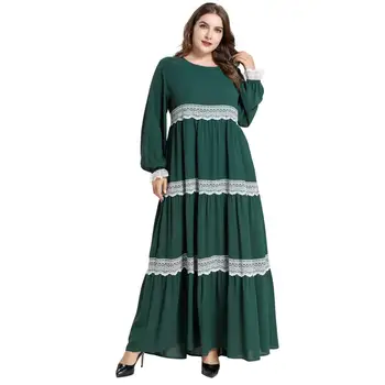 

Green Lace Cuff Long Sleeve Muslim Dress Elegant Lace Stripe High Waist Pleated Party Maxi Long Dresses Vestidos Robe Marocaine