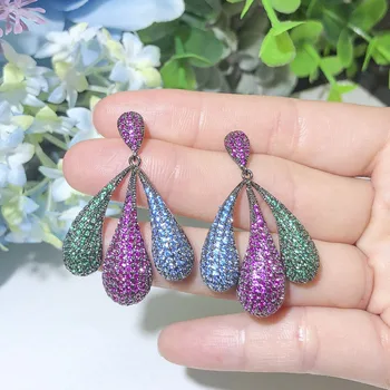

CWWZircons Micro Pave Hot Pink and Blue Green Cubic Zirconia Gorgeous Luxury Long Dangle Drop Wedding Party Women Earrings CZ706