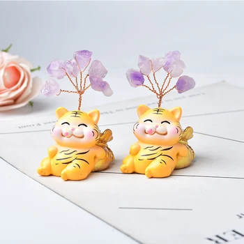 1PC Natural Amethyst Loveliness Tiger Animal Hand-made Lucky Tree Stone Mineral Ornaments Home Decoration Healing Stone Gift 1