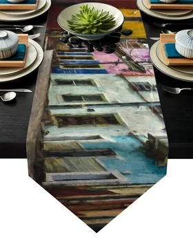 

Colored City Alley Oil Painting Table Runner Table Flag Home Party Decorative Tablecloth Table Runners for Wedding