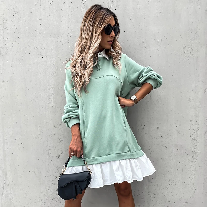 

Women Autumn Loose Sweatershirt Dress Winter Long Sleeve Pleated Shirt Dress Polo Collar Female Casual Patchwork Hoodies Dress