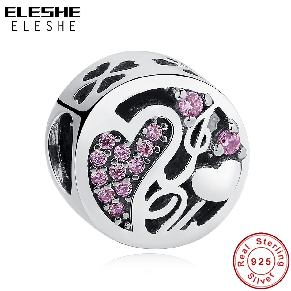 

ELESHE Luxury 925 Sterling Silver Pink Crystal Forever Love Heart Beads Fit Original Charms Bracelet DIY Jewelry Accessories