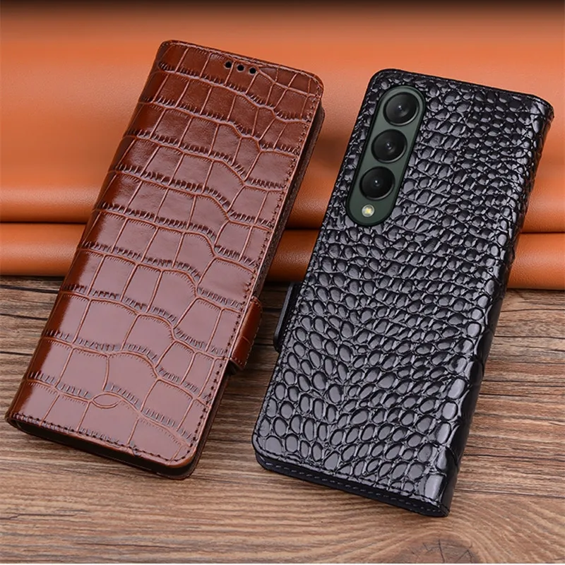 Genuine Cowhide Leather Flip Wallet Case for Samsung Galaxy Z Fold5 Fold 5 4 3 Magnetic Buckle Alligator Crocodile Grain Cover