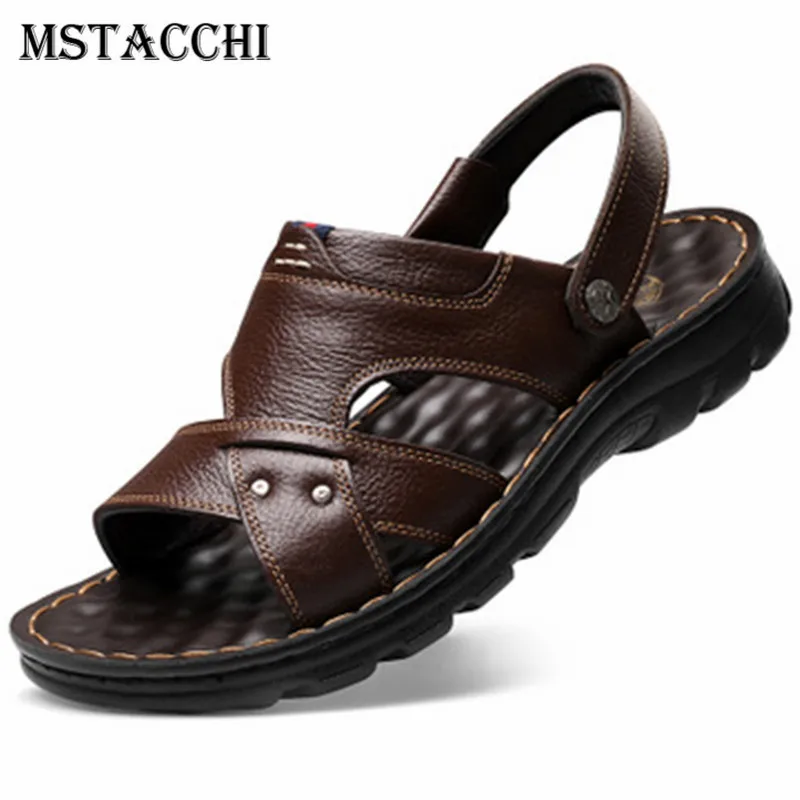 

MStacchi Homme Genuine Leather Non-Slip Flat Mules Man Summer Exposed Toe Outdoor Casual Sandalias Men Flat Shoe chanclas hombre