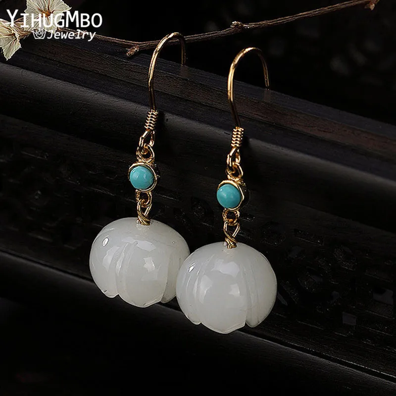 YIHUGMBO Real S925 Natural Gemstone Dangle Earrings for Women Hetian Jade Flower Pendant Elegant Wedding Silver Earring Jewelry | Украшения