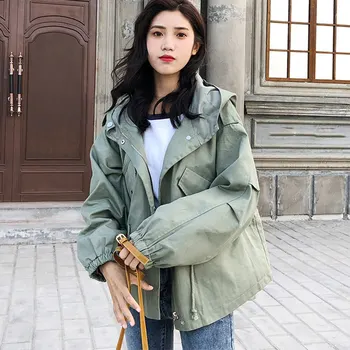 

Women Short Trench Coat Drawstring Waist Tops Solid Hooded Female Fashion Windbreaker Spring Autumn Lady Loose Fashion Outerwear