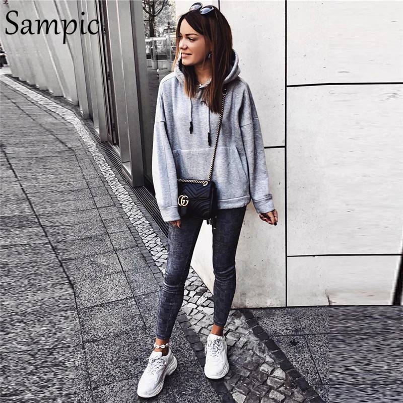 Sampic, повседневные однотонные коричневые, черные женские толстовки Harajuku, верхняя одежда, пуловер, толстый, негабаритный зимний свитшот, толстовки