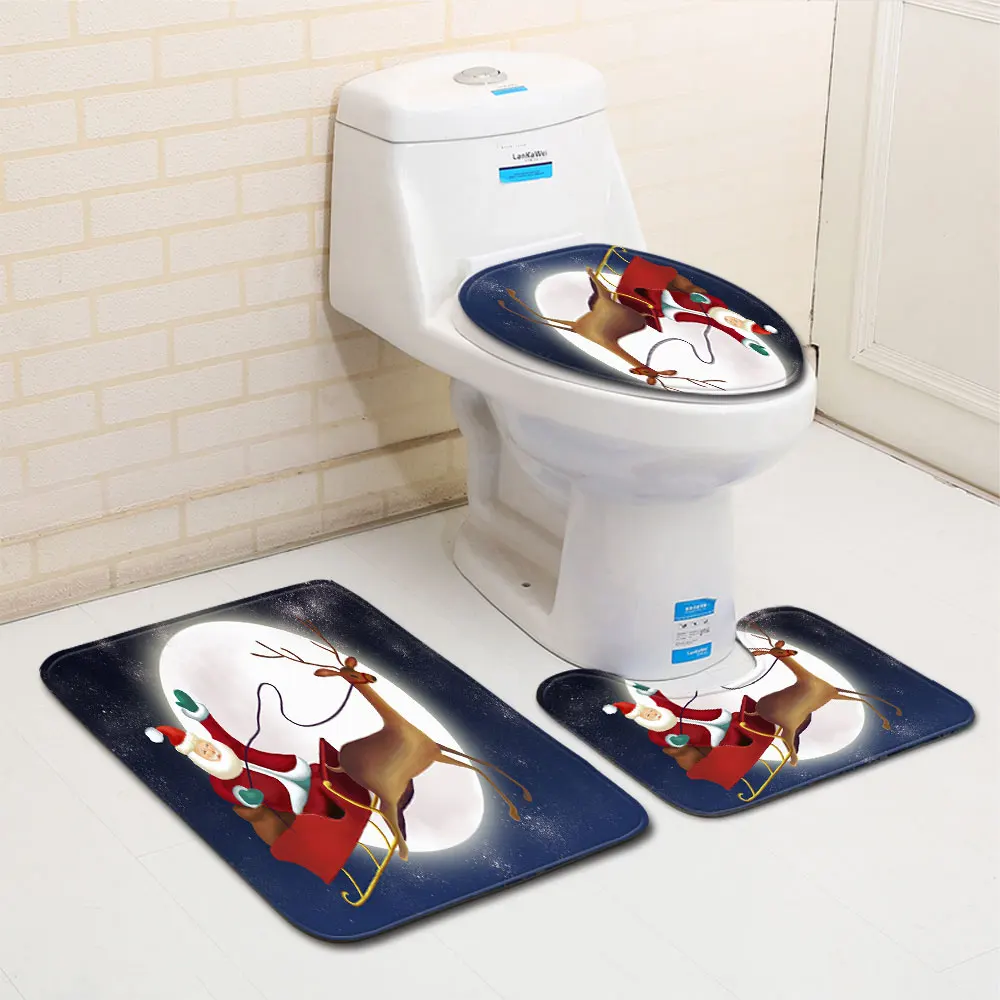 

Christmas 3Pcs Washable Bathroom Mat Set Flannel Anti-Slip Kitchen Bath Carpet Toilet Seat Cover Rug Banheiro Floor Mats