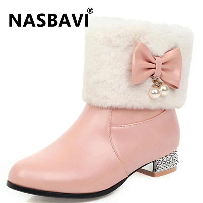 

Fashion Round Toe Square Heel PU Ankle Boots for Women Pearl Solid color Short Plush String Bead Rhinestone Metal Chain Boots