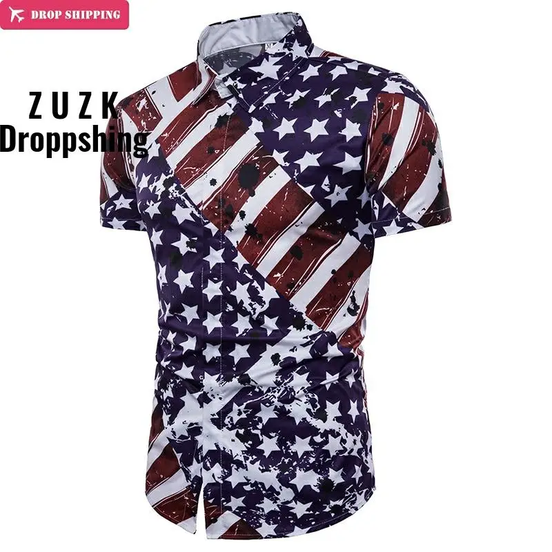 Drop Shipping American Flag Splash Ink Printed Shirt Men  Summer Slim Fit Short Sleeve Chemise Homme Casual Social Shirt Male
