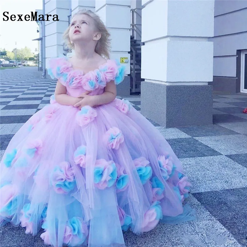 picture color Прекрасный Тюль Пышные Платья с цветочным узором для девочек на свадьбу, с круглым вырезом, с коротким шлейфом, 3D цветочной аппликацией, платье для причастия, одежда для дня рождения, пышные платья для девочек - Цвет: picture color