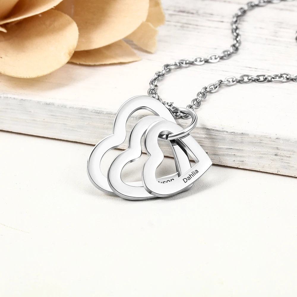 Персонализированное ожерелье, модное ювелирное изделие из нержавеющей стали, полое сердце, подвеска на заказ, 3 имени, Очаровательное ожерелье, обещанный подарок для женщин