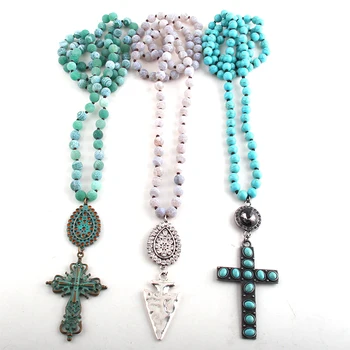 

RH Fashion Beaded Necklace Stone Bead Long Knotted Metal Cross Pendant Necklaces For Women Jewelry