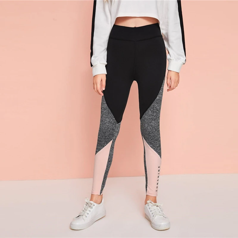 SHEIN/Детские леггинсы с буквенным принтом и цветными блоками для девочек; детские штаны; коллекция года; весенняя одежда для активного отдыха; Разноцветные обтягивающие брюки с эластичной резинкой на талии