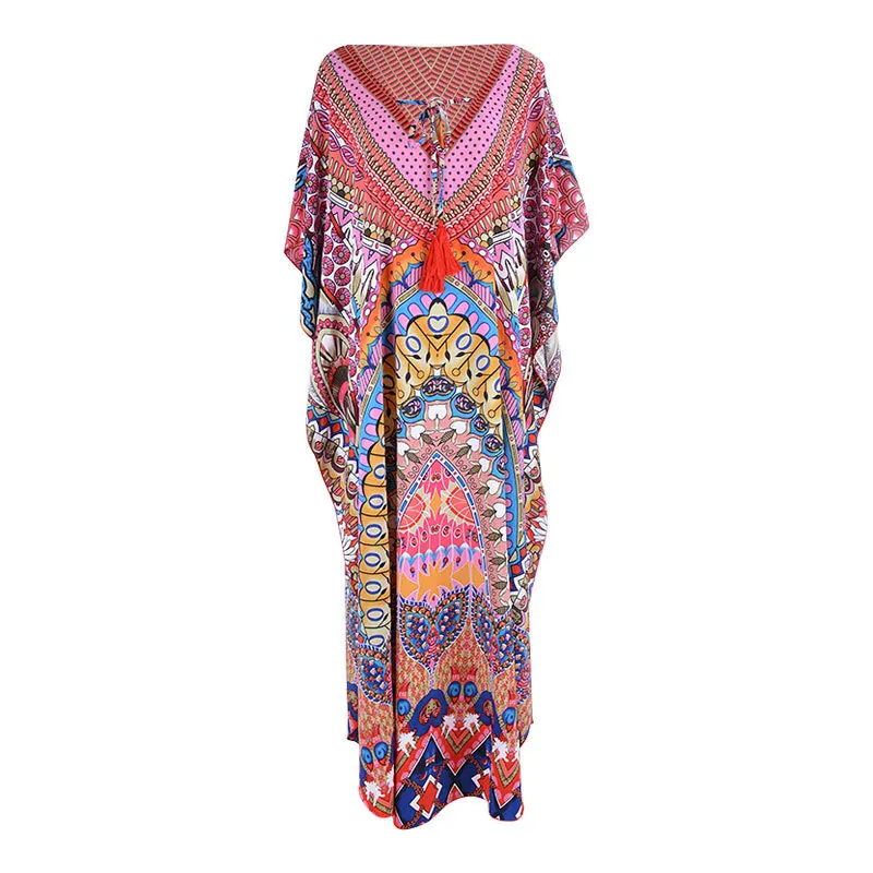 Boho печати длинное пляжное платье пляжные комбинезоны для женское парео де пляжные бикини накидка для пляжа одежда Купальник "саронг" кафтан