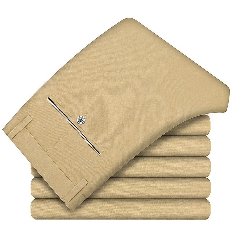 Light Khaki Летние новые мужские деловые повседневные брюки модные тонкие Однотонные эластичные брюки мужские черные темно-синие хаки серые - Цвет: Light Khaki