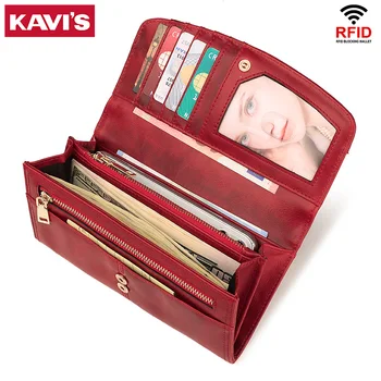 

KAVIS RFID Blocking Genuine Leather Long Clutch Women Wallet Fashion Style Female Handy Vallets Portomonee Clamp For Phone Bag