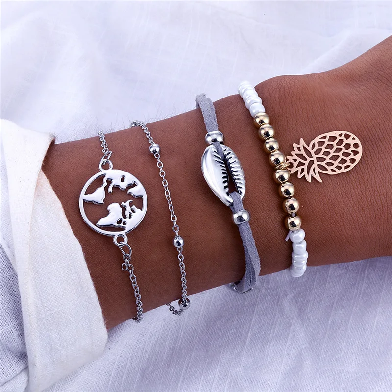 

4 Pcs/Set Bohemian Pineapple Map Shell Bead Chain Multi Layer Bracelets Women Charm Bracelet Party Wedding Jewelry Accessories