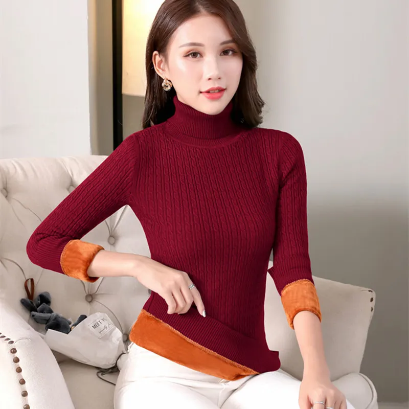 

Sweaters Women Knitted Pullover Sweaters for Women Long Sleeve Sweater Plus Velvet Woman Turtleneck Thick White Sweater Woman