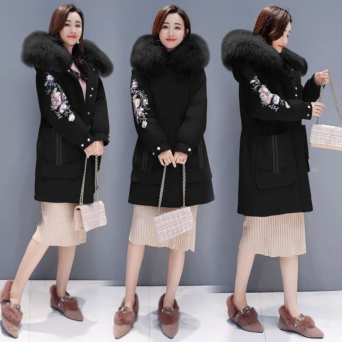 

2019 Winter New Style Large Fur Collar Cotton-padded Clothes Women's Mid-length Korean-style INS Hooded Loose-Fit Padded Embroid