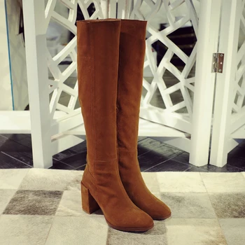 

Genuine Leather Thick Heel Knee Boots Women Fashion Round Toe Zipper Long Boots Woman Black Winter High Heel Knee High Shoes2020