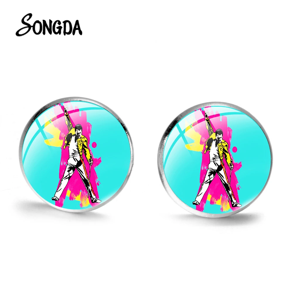 Freddie Mercury Cool Punk Earrings Popular Band Lead Singer Art Photo Glass Cabochon Delicate Stud for Fans Gift | Украшения и