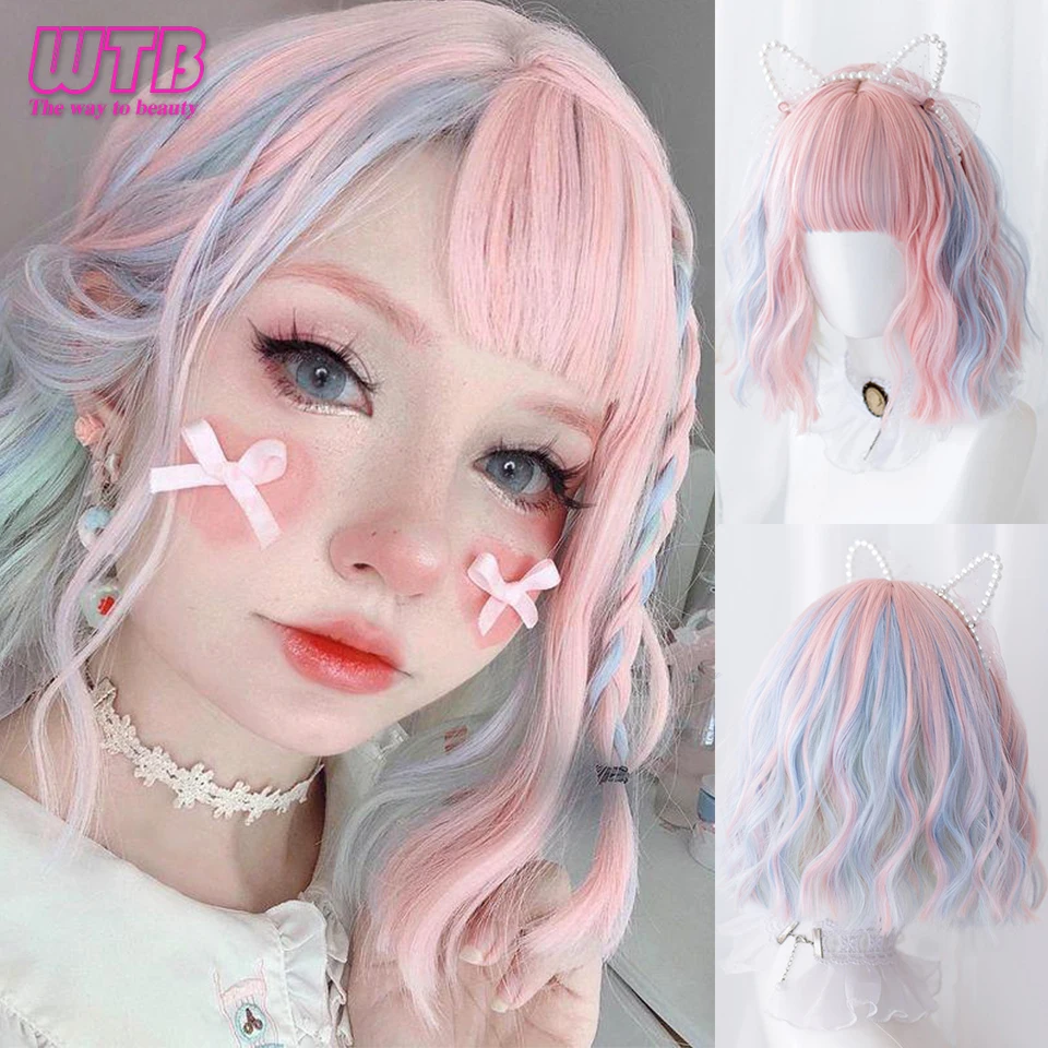 WTB Short Water Wave Blue Pink Mixed Ombre Lolita Wigs for Women Synthetic Wig with Bangs Heat Resistant Cute Cosplay False Hair | Шиньоны и