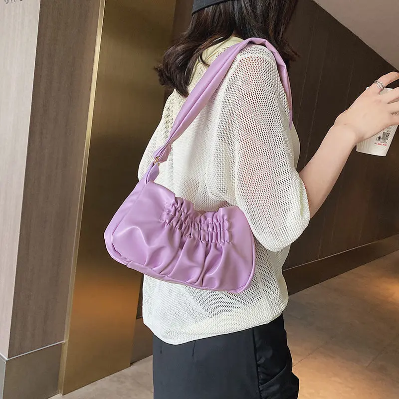 

Vintage Design Women Shoulder Bags Retro Soft PU Leather Ladies Small Baguette Handbags Solid Color Female Folds Purse Handbags