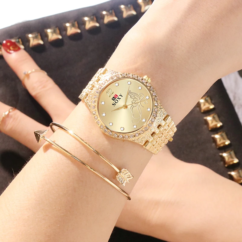 SOXY модные золотые женские часы Роскошные Алмазные кварцевые женские часы с классическим узором женские часы relogio feminino
