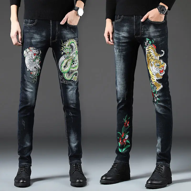 

Jeans men's stretch slim feet pants hole embroidery net red the same men's pants animal tiger snake pattern embroidered jeans