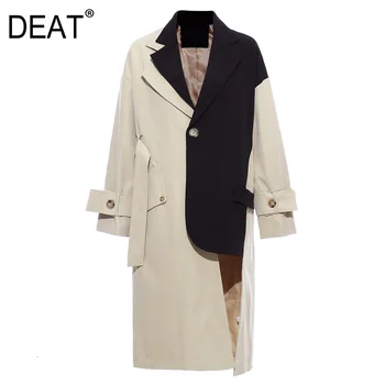 

DEAT 2020 new spring and autumn turn-down collar full sleeves contrast colors patchwork high quality trench coat 19G-a68-