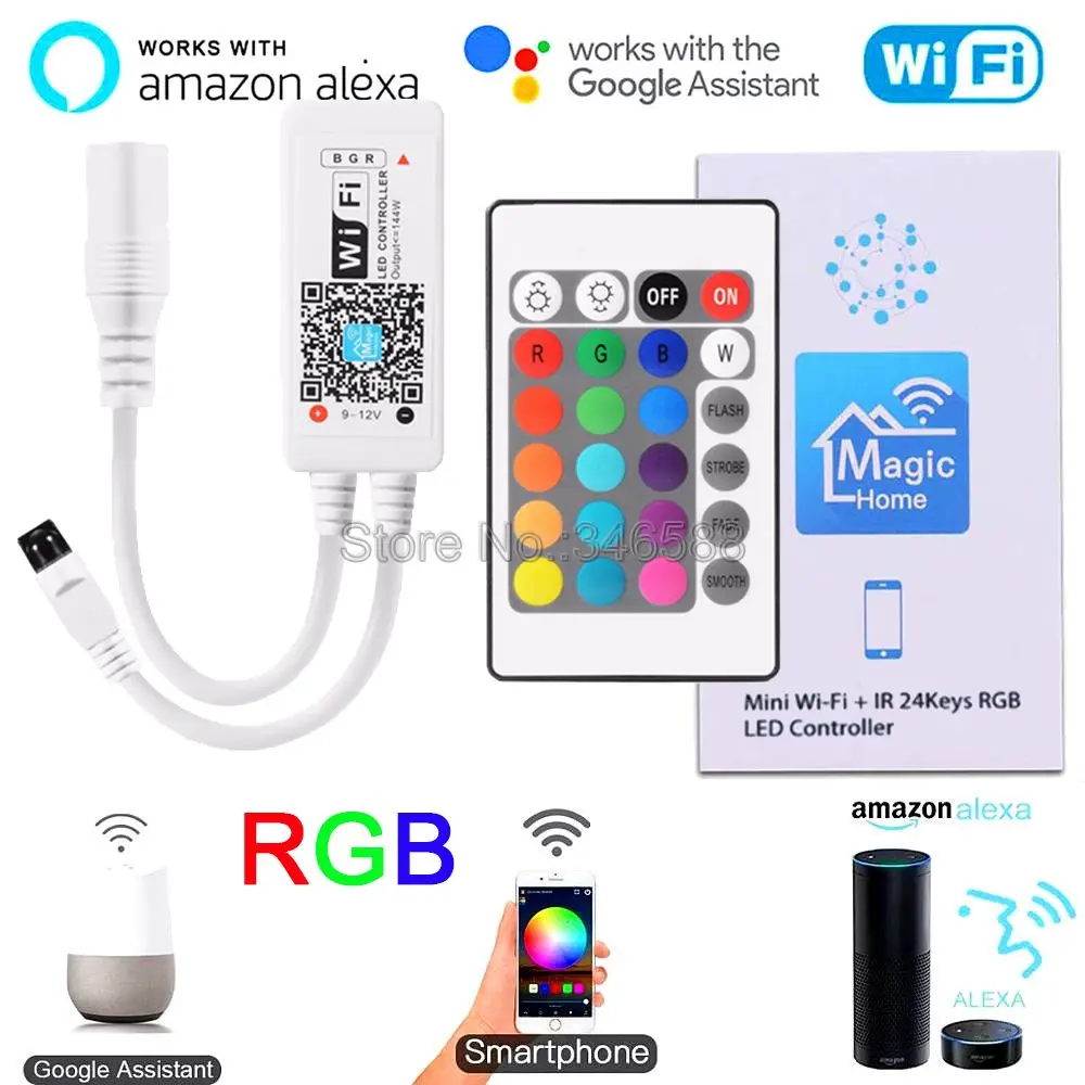 

Magic Home Mini WiFi RGB LED Controller with 24Key IR Remote DC5V 12V 24V Support Phone APP Control & Alexa Google Voice Control