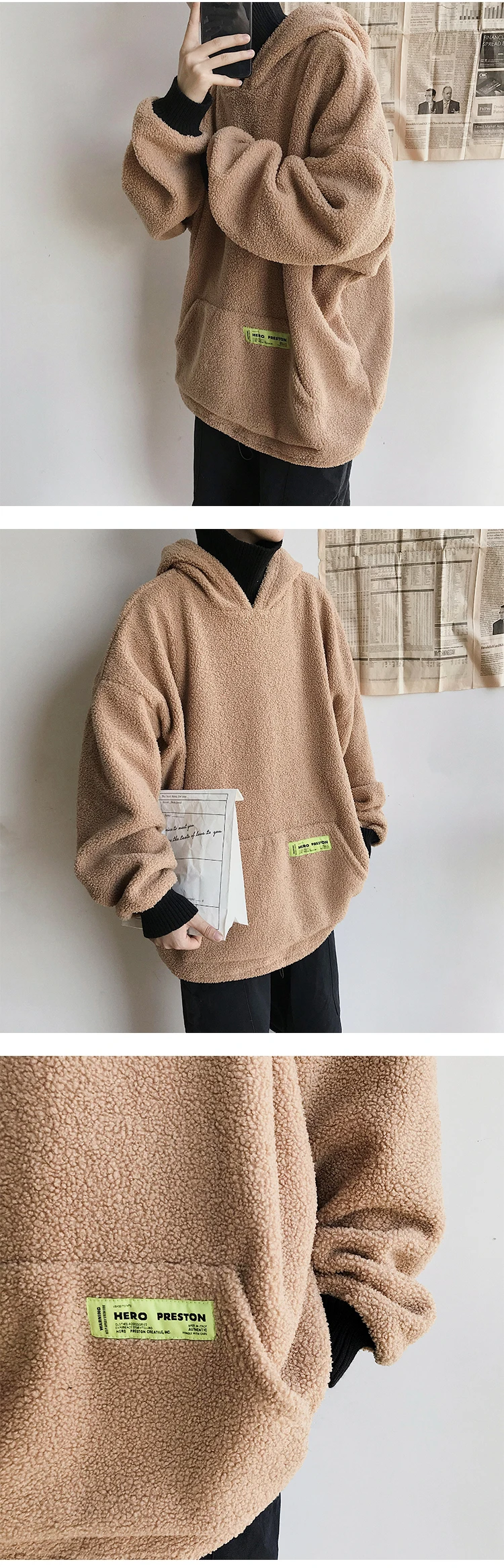 Liketkit, зимние толстовки, мужские,, свободные, флисовые, плотные, поддельные, две части, толстовки, овечья шерсть, пуловеры, мужские, однотонные, стиль Харадзюку, уличная одежда