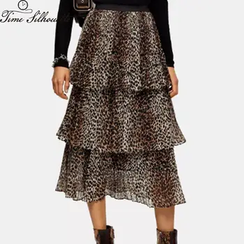 

Leopard Skirt Women Fashion Spring Summer Beach Casual Chiffon Max Skirt Pleated Long Skirt Ladies Elastic Waist Long Skirt M03