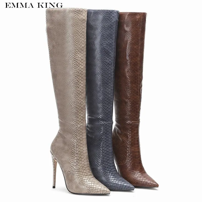 

EMMA KING 2019 Winter Luxury Vintage Snakeskin Knee High Boots For Women With Suede Lining 10cm Thin Heels