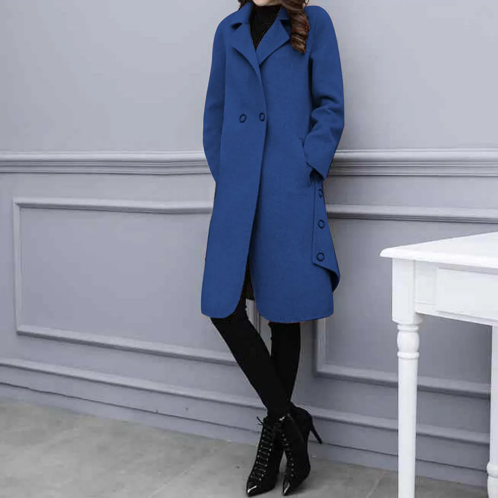 Офисное женское длинное зимнее шерстяное пальто тонкое Однотонное шерстяное пальто и куртка двубортная верхняя одежда размера плюс 3xl#2