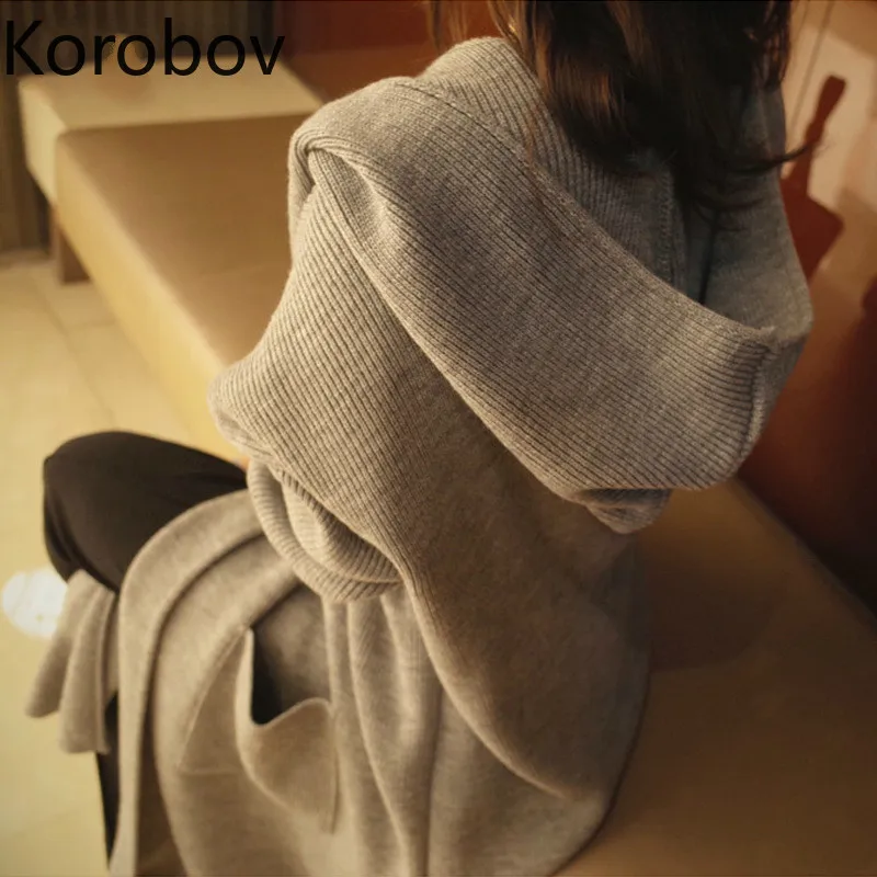 Korobov новые осенние женские кардиганы винтажные Твердые карманы длинные трикотажные топы Верхняя одежда оверсайз с капюшоном толстые свитера 79006