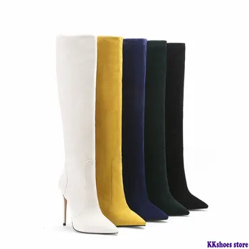 

2020 big size 45 women knee high boots pointed toe flock autumn winter long boots super thin high heel shoes woman