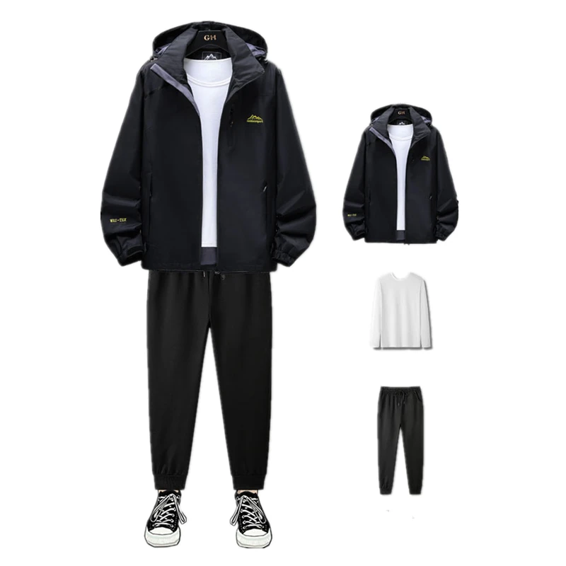 

Men Softshell 3 Piece Casual Windbreaker Lightweight Hooded Sport Jacket Loose Fit Joggers Pants Skateboard Crewneck Sweatshirt