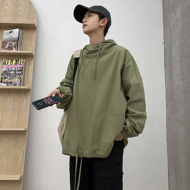 

Autumn New Pullover Jacket Men Fashion Solid Color Casual Hooded Jacket Men Streetwear Wild Hip Hop Loose Bomber Jacket Man