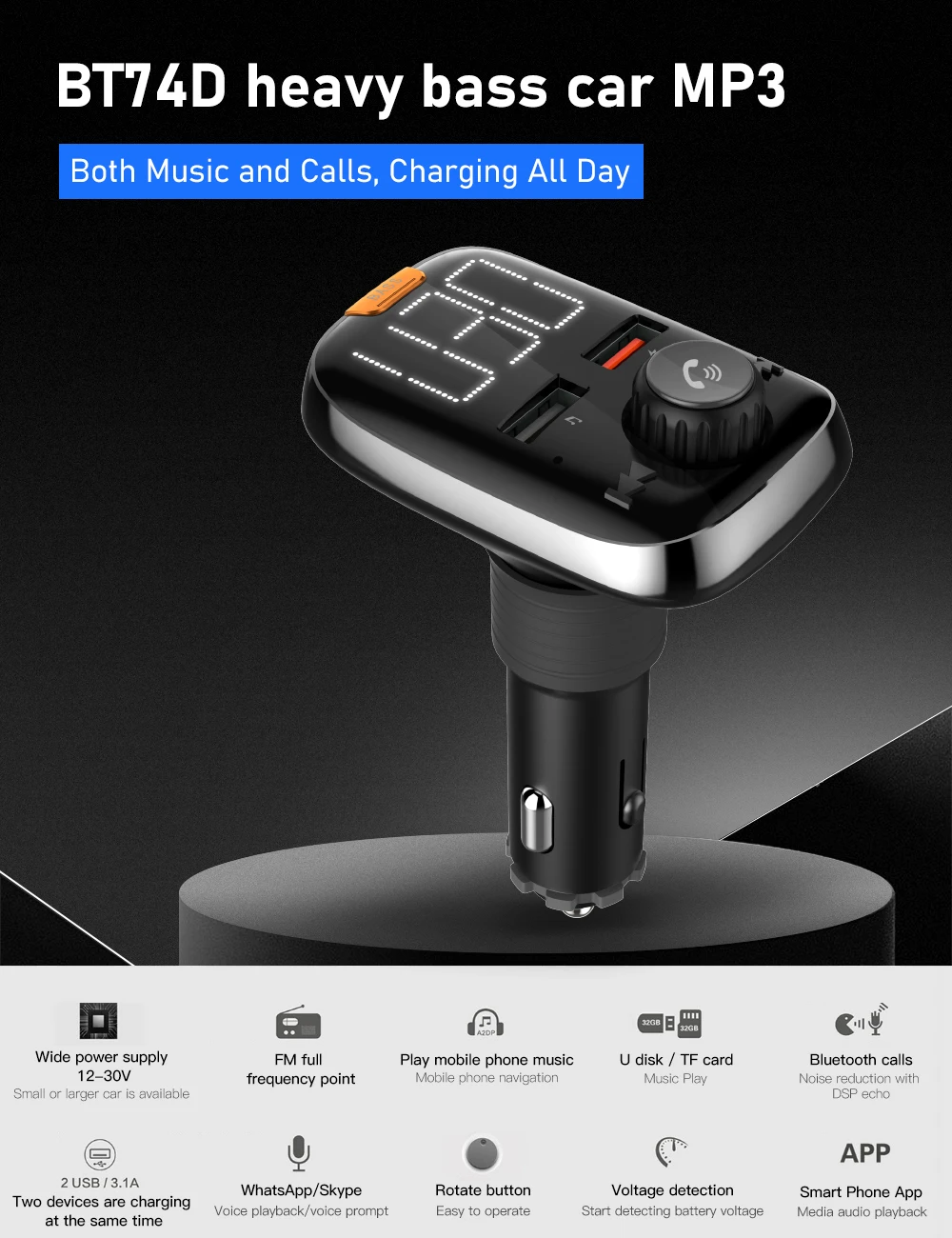 Meeker Hands-Free автомобильный комплект Bluetooth fm-передатчик USB быстрое зарядное устройство 3,0 Bluetooth 5,0 fm-модулятор Mp3 бас стерео музыкальный плеер