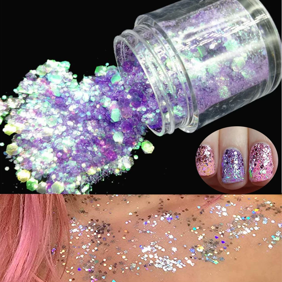 

AddFavor Holographic Iridescent Nail Glitter Sequins DIY Face Eye Makeup Body Hair Chunky Festival Glitters Nail Art Decorations
