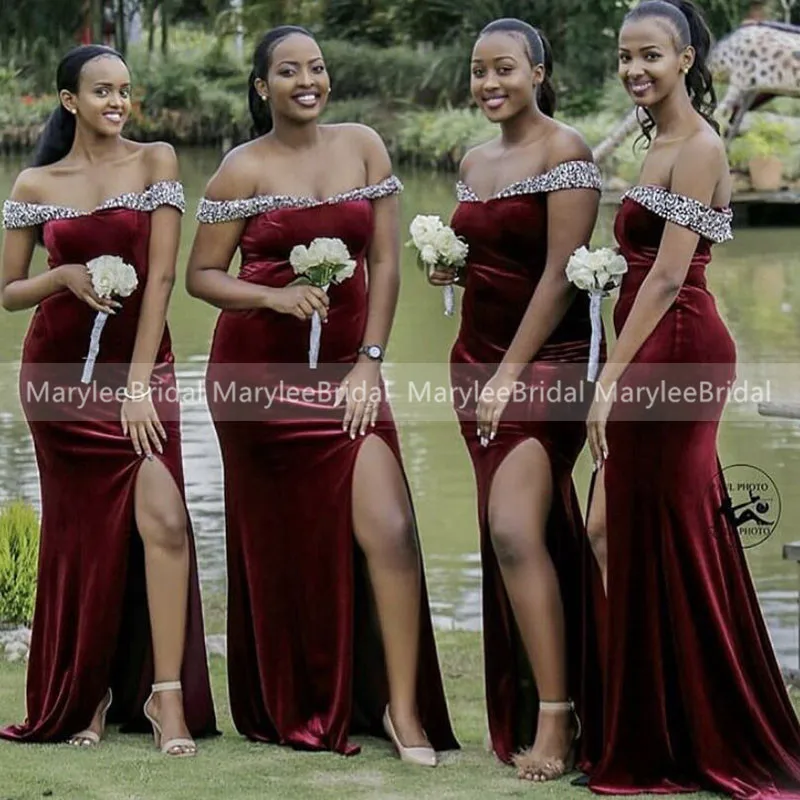Off Shoulder Mermaid Bridesmaid Dresses Sexy High Slit Burgundy Velvet Wedding Party Gowns Delicate Beading Straps robe mariage | Свадьбы и