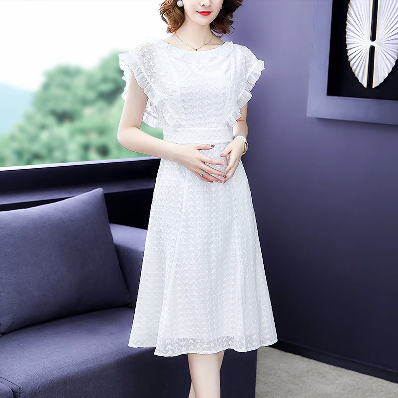 

Korean Chiffon Women Dress Woman White Dress Plus Size Woman Embroidered Dresses Elegant Women High Waist Hollow Out Dresses XXL