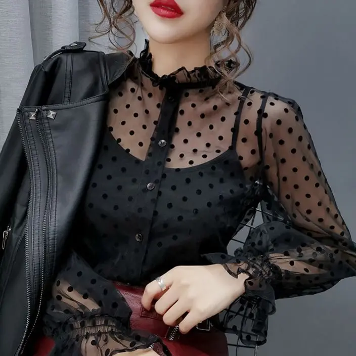 Spring Popular Girls dot Blouses Shirts Tees Female Stand Neck Full Flare Sleeve Elasticity Blouses With Tank 2 PCS Top 4