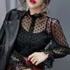Spring Popular Girls dot Blouses Shirts Tees Female Stand Neck Full Flare Sleeve Elasticity Blouses With Tank 2 PCS Top 4