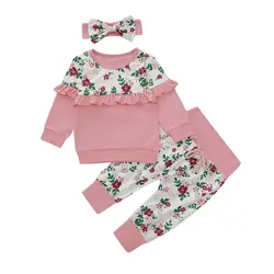 Осенняя одежда для маленьких девочек, блузка с длинными рукавами, топы, брюки с цветочным принтом + повязка на голову, шапка, комплект одежды
