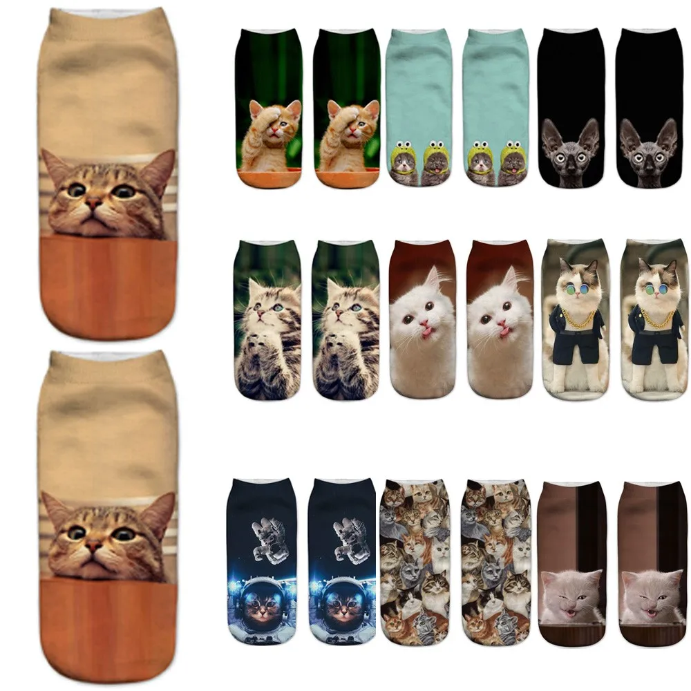 

3D Print Funny Cute Cartoon Kitten Unisex Sports Short Socks Creative Colorful Multiple Cat Face Happy Low Ankle Socks For Women